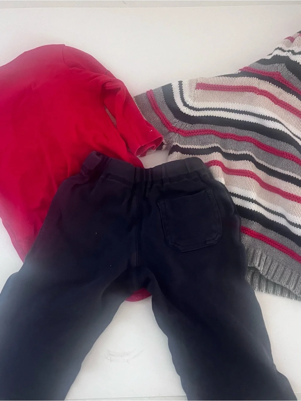Hartstrings Baby Boy 3 Piece Set Striped Sweater, Wagon Shirt, Black Pants 12m